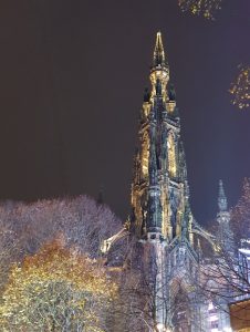 Scott Monument. It's raining cats and dogs